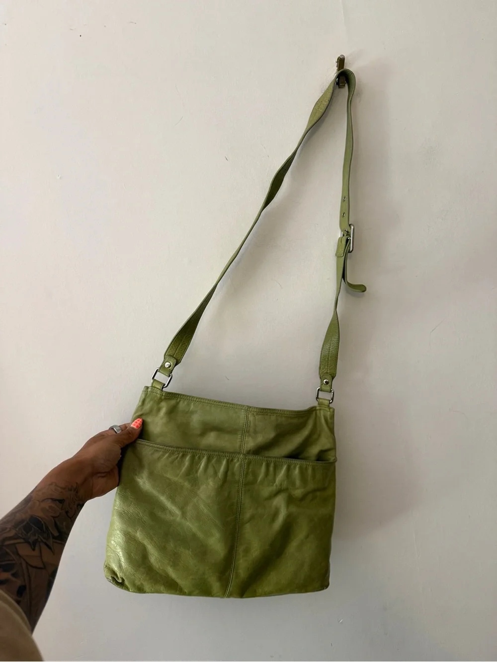 Y2K vintage HOBO Green Leather Crossbody with Front Zip Pocket